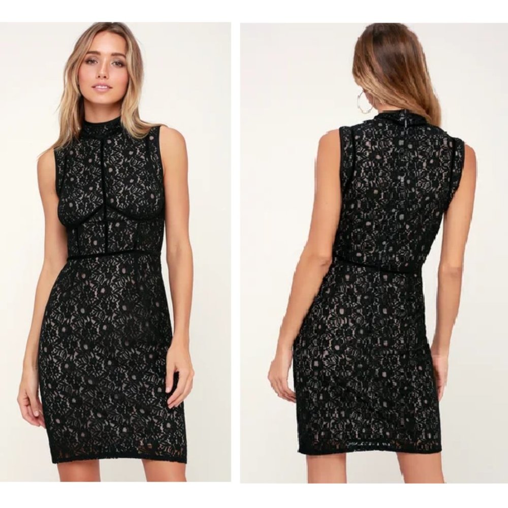 LULUS / XL / Women's So Sultry Black and Nude Lace Sleeveless Dress - Black
